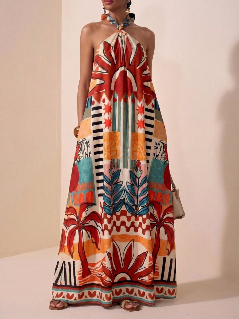 Multicolor Boho Women's Halter Neck Tie Front Open-back Pockets Maxi Dress - Picture 1 of 8